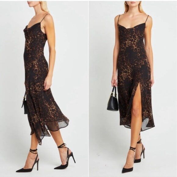 O.P.T Leopard Print Marzena Cowl Neck Slip Midi Dress - Picture 1 of 12